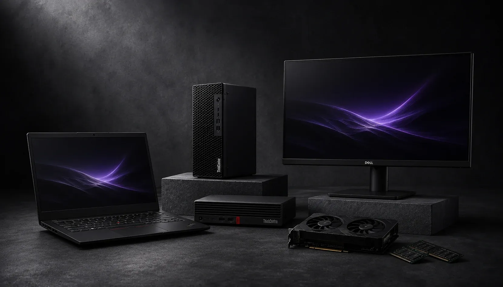 Refurbished laptop illuminated with purple light
